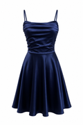Vestido Fiesta Satinado Falda Evasé Azul