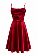 Vestido Fiesta Satinado Falda Evasé Burdeo