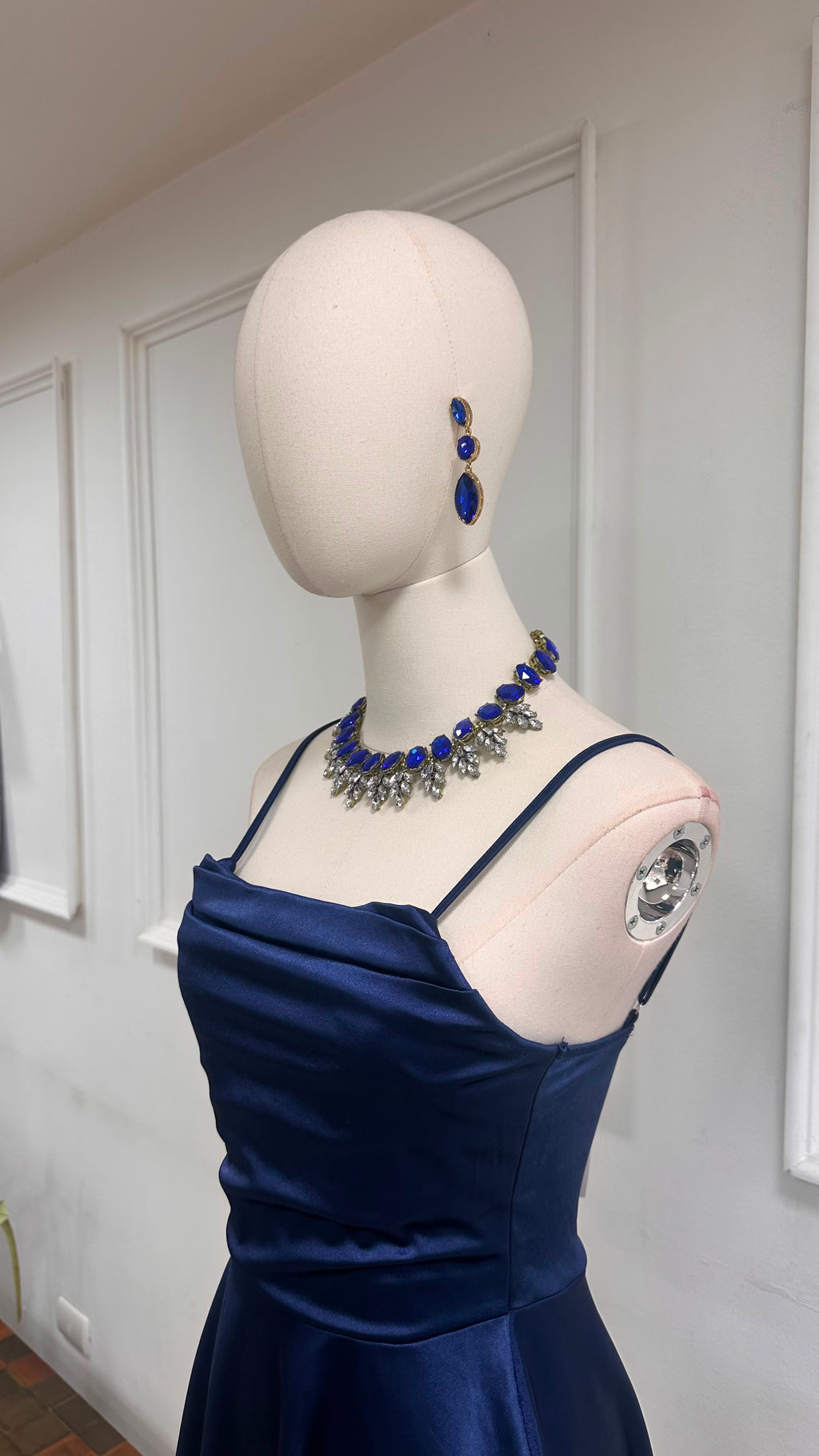 Vestido Fiesta Satinado Falda Evasé Azul