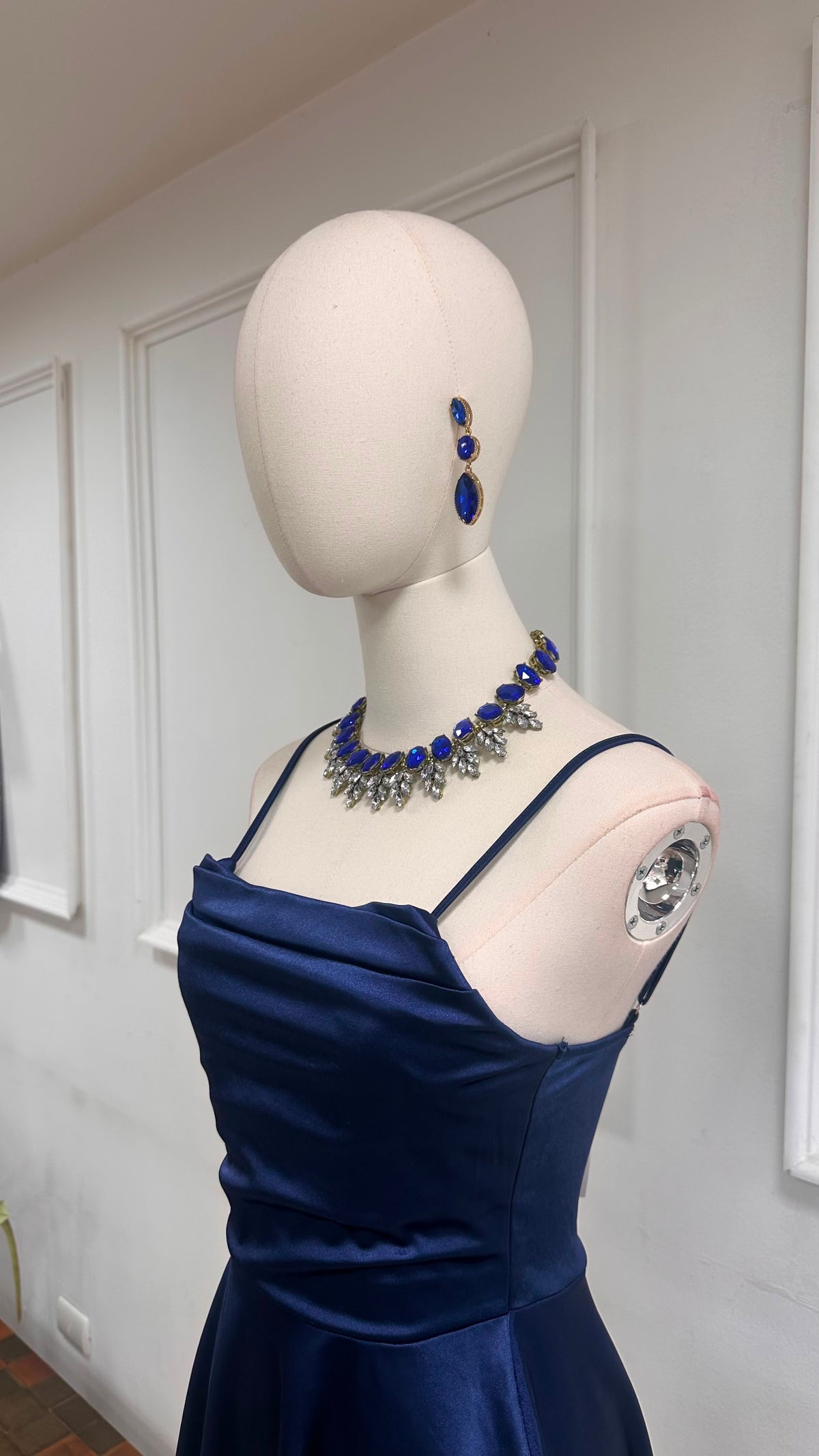 Vestido Fiesta Satinado Falda Evasé Azul