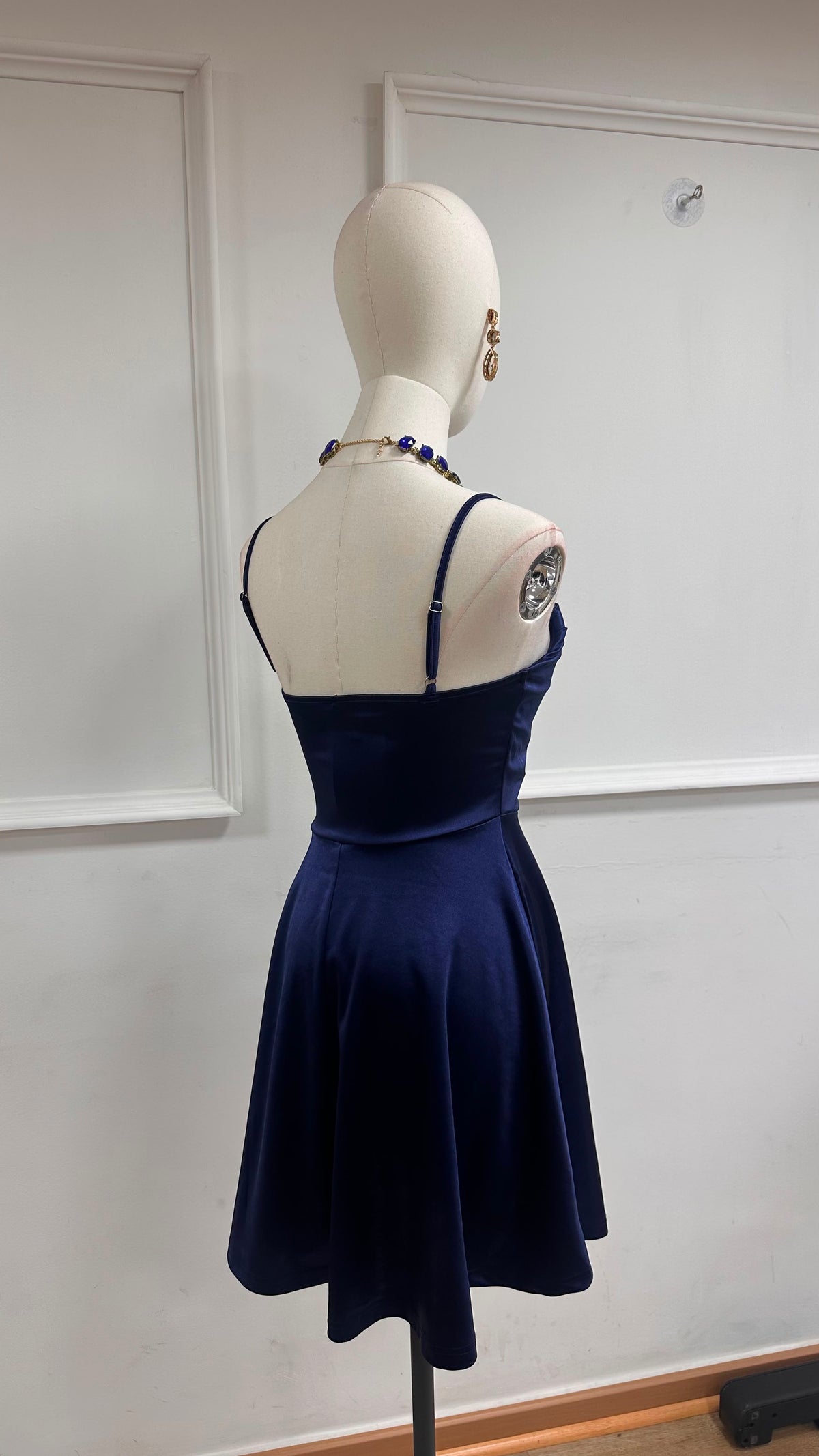 Vestido Fiesta Satinado Falda Evasé Azul