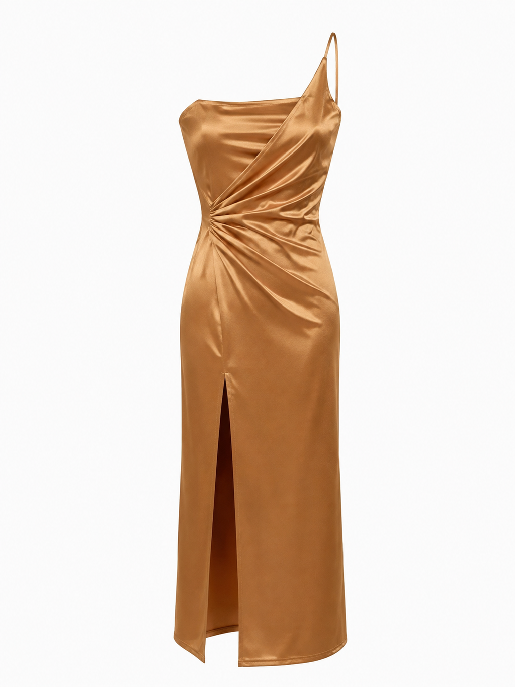Vestido Fiesta Drapeado Dorado Satinado