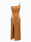 Vestido Fiesta Drapeado Dorado Satinado